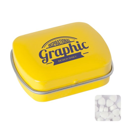 Picture of MINI HINGED MINTS TIN with Extra Strong Mints in Yellow.