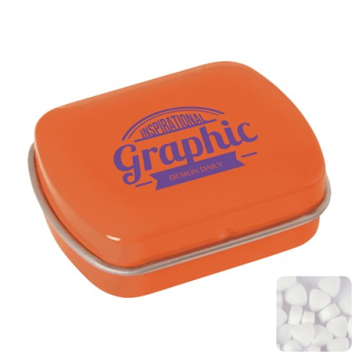 Picture of MINI HINGED MINTS TIN with Extra Strong Mints in Orange.