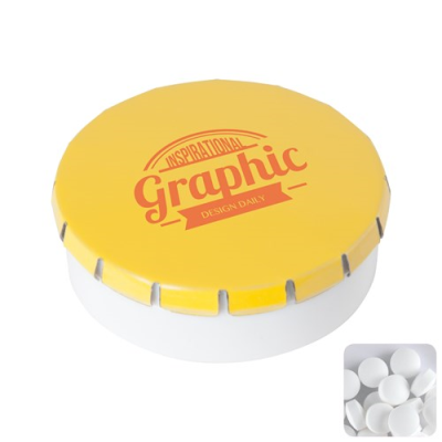 Picture of ROUND POT with Sugar Free Mints in Yellow.