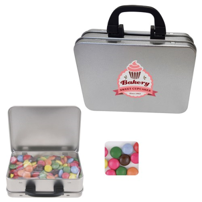 Picture of SUITCASE TIN with Chocos in Silver.