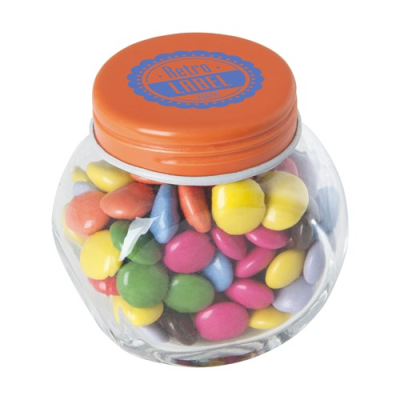 Picture of SMALL GLASS JAR with Milk Chocos in Orange.