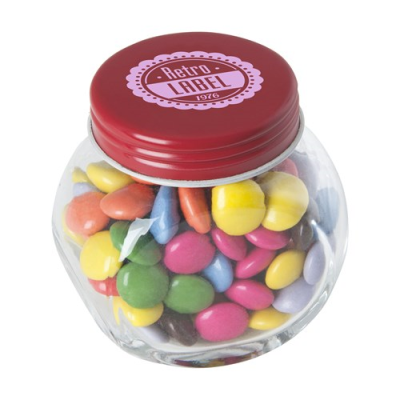 Picture of SMALL GLASS JAR with Milk Chocos in Red.