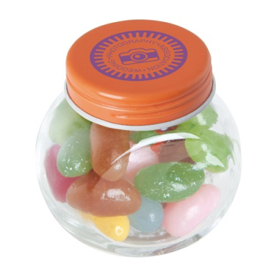 Picture of SMALL GLASS JAR with Jelly Beans in Orange.