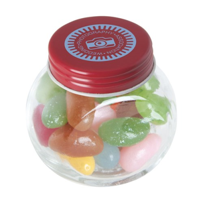 Picture of SMALL GLASS JAR with Jelly Beans in Red.