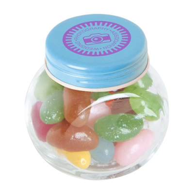 Picture of SMALL GLASS JAR with Jelly Beans in Light Blue.