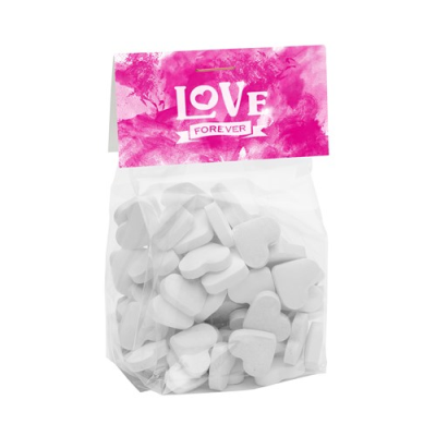 Picture of 125G BAG with a Card Base & Printed Header Board Filled with Dextrose Heart Mints
