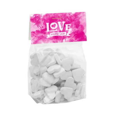 Picture of 125G BAG with a Card Base & Printed Header Board Filled with Dextrose Heart Mints.