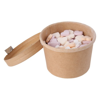 Picture of BIOBRAND KRAFT CARDBOARD CARD TUB (240ML) SUGAR HEARTS in Brown.