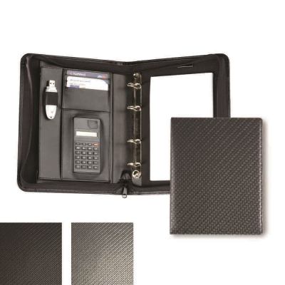 Picture of CARBON FIBRE TEXTURED PU A5 DELUXE ZIP RING BINDER with Calculator.