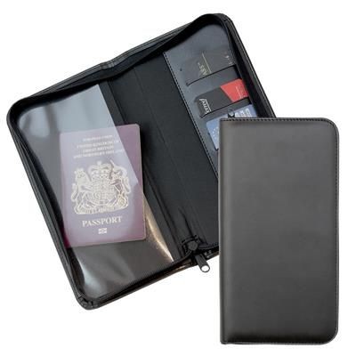 Picture of BLACK ZIP TRAVEL WALLET with One Clear Transparent Pocket & One Material Pocket with Card Slots.