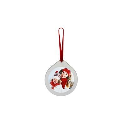 Picture of TEAR DROP SHAPE GLASS CHRISTMAS DECORATION with Round Printed Insert to One Side.