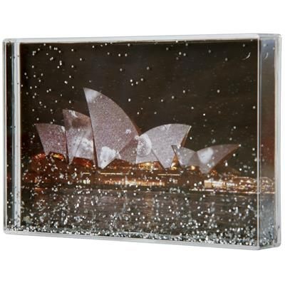 Picture of SILVER GLITTER AND LIQUID FILLED RECTANGULAR ACRYLIC CUBE BLOCK with Large Branding Area.