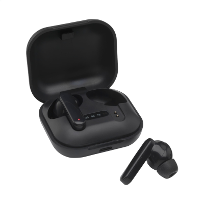 Picture of ARON TWS CORDLESS EARBUDS in Charger Case in Black.