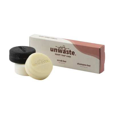 Picture of UNWASTE SOAP SET SOAP, SCRUB AND SHAMPOO in White.