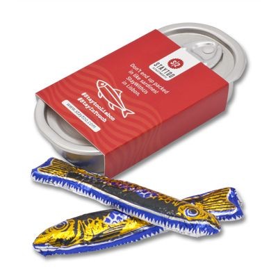 Picture of TIN OF CHOCOLATE SARDINES with Branded Sleeve Around Chocolate Tin.