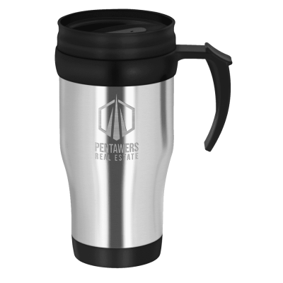 Picture of TOUR DOUBLE WALLED TRAVEL MUG with Handle - 400Ml Silver & Black.