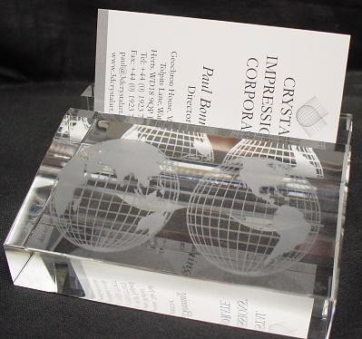 Picture of CRYSTAL BUSINESS CARD DESK HOLDER STAND with 3D Laser Engraved Image & Logo Set in Glass