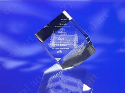 Picture of CRYSTAL GLASS CUBE PAPERWEIGHT or AWARD TROPHY with 3D Laser Engraved Image & Logo in Centre