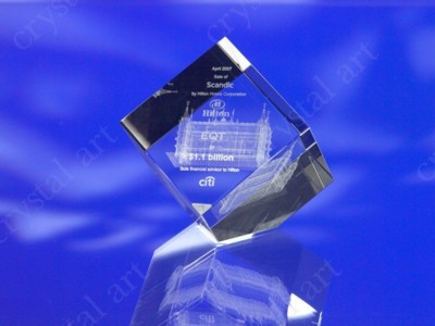 Picture of CRYSTAL GLASS CUBE PAPERWEIGHT or AWARD TROPHY with 3D Laser Engraved Image & Logo in Centre.