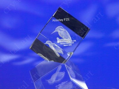 Picture of CRYSTAL GLASS CUBE PAPERWEIGHT or AWARD TROPHY with 3D Laser Engraved Image & Logo in Centre.