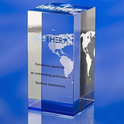 Picture of GLASS CUBE BLOCK AWARD TROPHY  with Bonded Blue Base & Sandblasting.