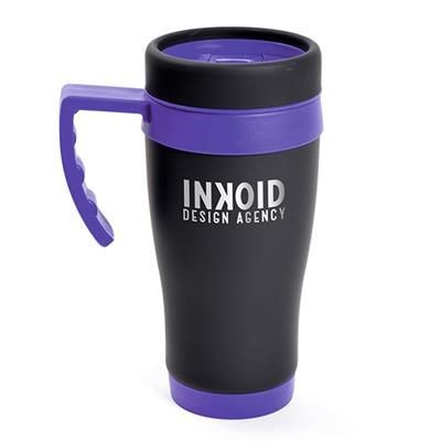 Picture of OREGON BLACK STAINLESS STEEL METAL TRAVEL MUG with Purple Trim