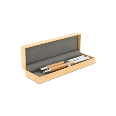Picture of METAL BALL PEN AND ROLLERBALL PEN SET BAMBOO in Gift Box in Wood