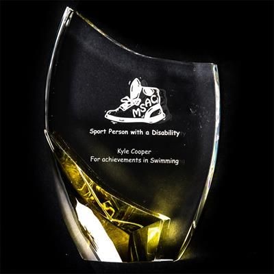 Picture of LARGE CRYSTAL CRESCENT with Yellow Stand Supplied in a Presentation Box