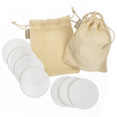 Picture of 7 REUSABLE, WASHABLE MAKE-UP ROUNDS in a Mesh Bag.