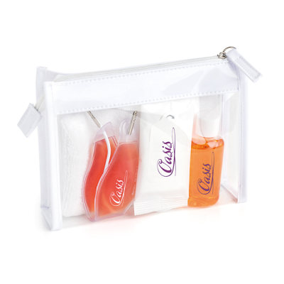 Picture of SPA SET in a Clear Transparent PVC White Trim Bag.