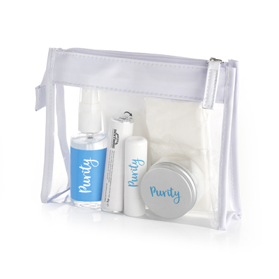 Picture of WELLNESS SET in a Clear Transparent PVC White Trim Bag.