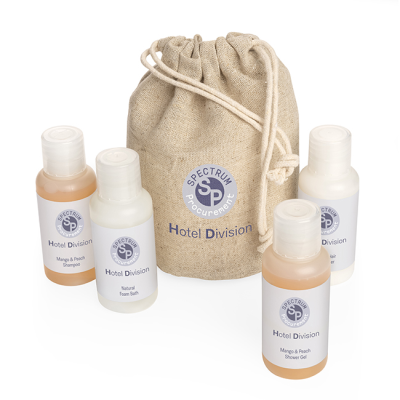 Picture of WEEKEND TRAVEL TOILETRY SET in a Hemp Bag, Printed Bottles