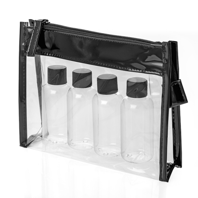 Picture of 5 PIECE TRAVEL SET in a Black & Clear Transparent Zippered Bag.