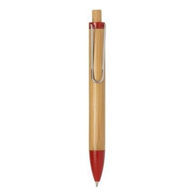 Picture of BAMBOO FT PUSH BUTTON PEN with Red Nose Cone & Clip Trim with Silver Modern Clip Design