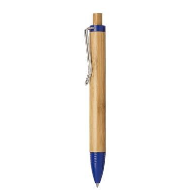 Picture of BAMBOO FT PUSH BUTTON PEN with Dark Blue Nose Cone & Clip Trim with Silver Modern Clip Design