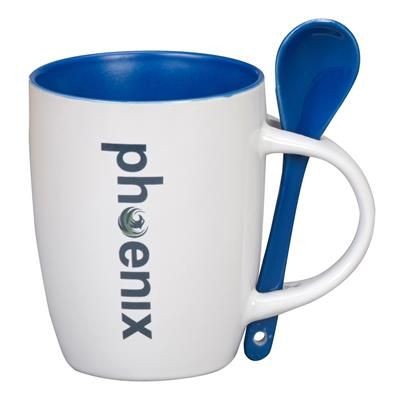 Picture of MUG & SPOON CERAMIC POTTERY MUG in White & Reflex Blue.