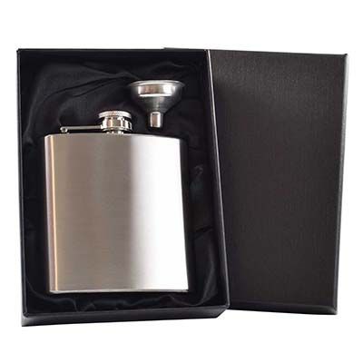 Picture of 6OZ HIP FLASK in Silver with Funnel in Black Satin Lined Gift Box.