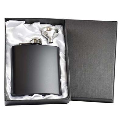 Picture of 6OZ HIP FLASK in Matt Black with Funnel in Silver Satin Lined Gift Box.