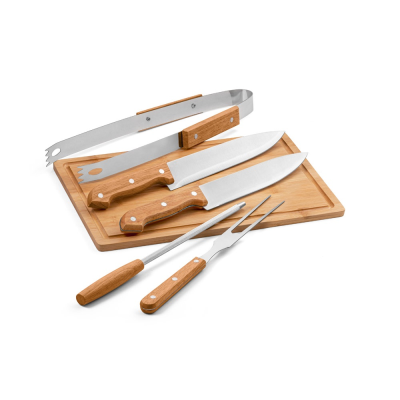 Picture of FLARE FIVE-PIECE WOOD AND STAINLESS STEEL METAL BARBECUE SET with Bamboo Board in Black