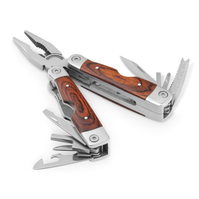 Picture of MAGNUM FOLDING PLIERS with Multi-Function Tools in Stainless Steel Metal & Wood in Dark Natural