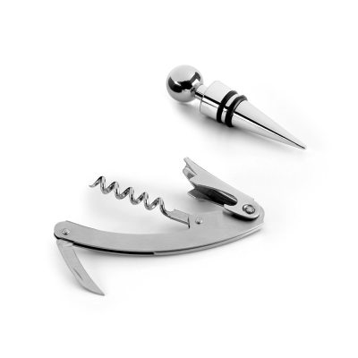 Picture of BARREL ZINC AND STAINLESS STEEL METAL WINE SET in Satin Silver