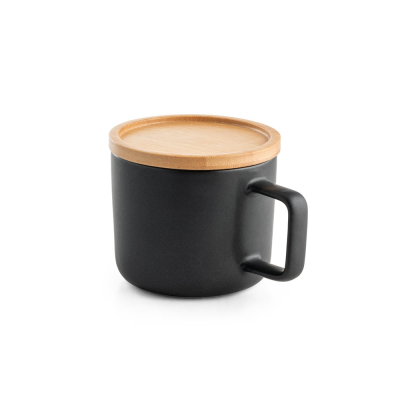Picture of FANGIO 220 ML CERAMIC POTTERY MUG with Lid & Bamboo Base in Black