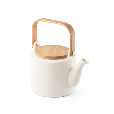 Picture of GLOGG 700 ML CERAMIC POTTERY TEA POT with Bamboo Lid in Pastel White