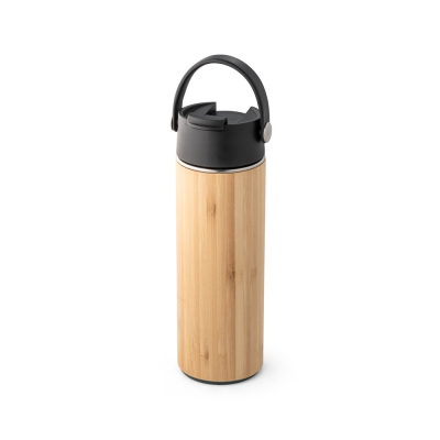 Picture of LAVER THERMOS BOTTLE in Bamboo, Stainless Steel Metal & PP 440 Ml in Black