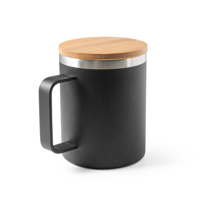 Picture of LAUDA MUG in 90% Recycled Stainless Steel Metal with Bamboo Lid 420 Ml in Black
