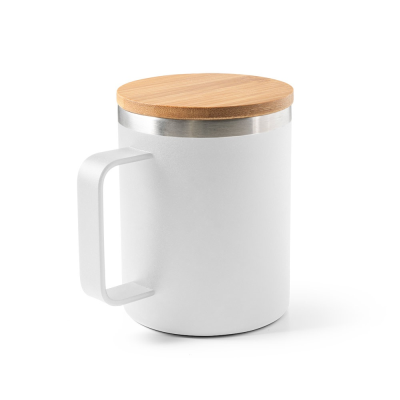 Picture of LAUDA MUG in 90% Recycled Stainless Steel Metal with Bamboo Lid 420 Ml in White