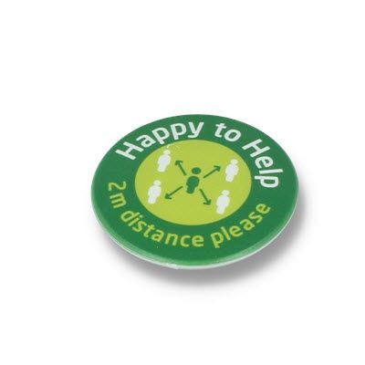 Picture of HAPPY TO HELP SOCIAL DISTANCING DBASE BADGE – 45MM CIRCLE