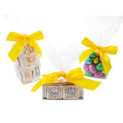 Picture of EASTER CLEAR TRANSPARENT SACHET GIFT BAG & BOW with Chocolate or Sweets