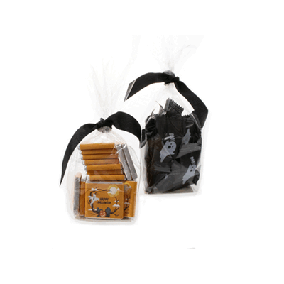 Picture of HALLOWEEN CLEAR TRANSPARENT SACHET GIFT BAGS & BOW with Chocolate or Sweets.