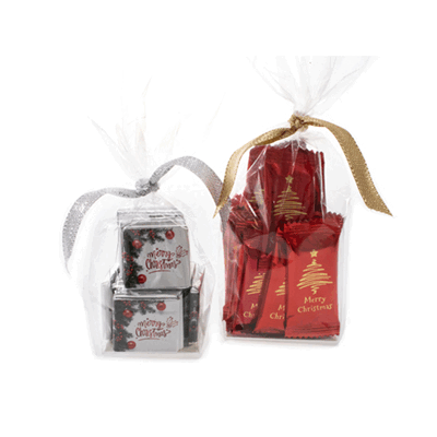 Picture of CHRISTMAS CLEAR TRANSPARENT SACHET GIFT BAG & BOW with Chocolate or Sweets.